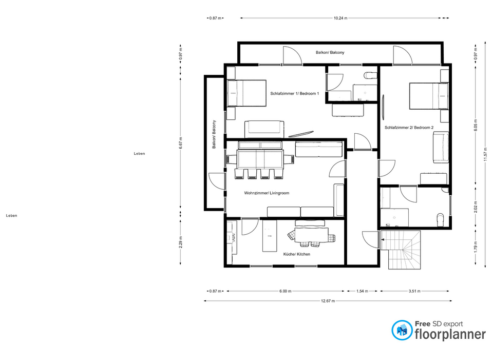 Grundriss des Apartments mit Wohnzimmer, Küche, zwei Schlafzimmern und Balkon